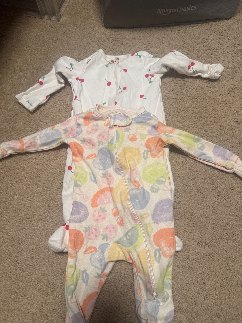 2 size 0-3 months onsies, members mark and wonder nation cherries and fruit